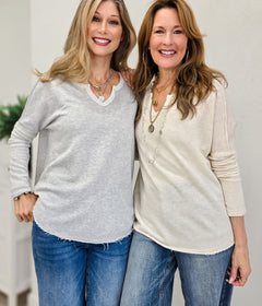 Solid Terry V-Neck Long Sleeve Top