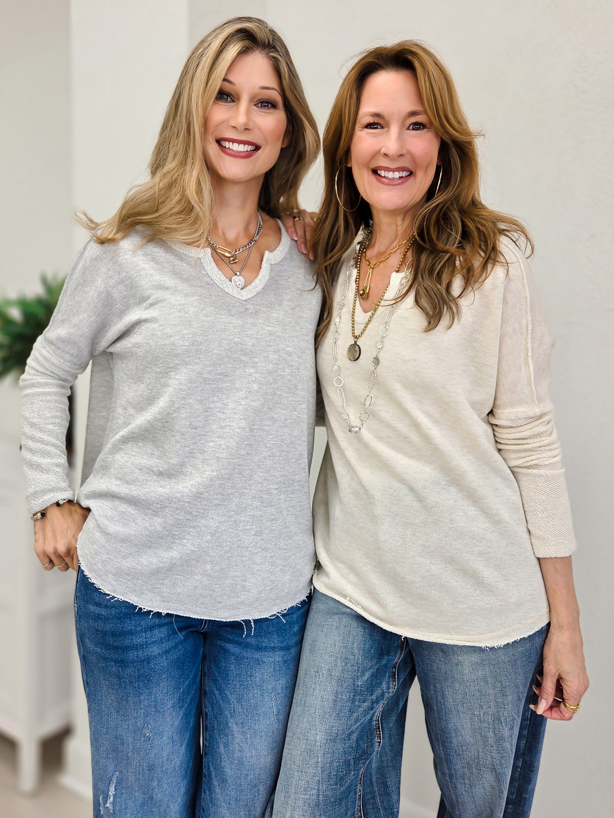 Solid Terry V-Neck Long Sleeve Top
