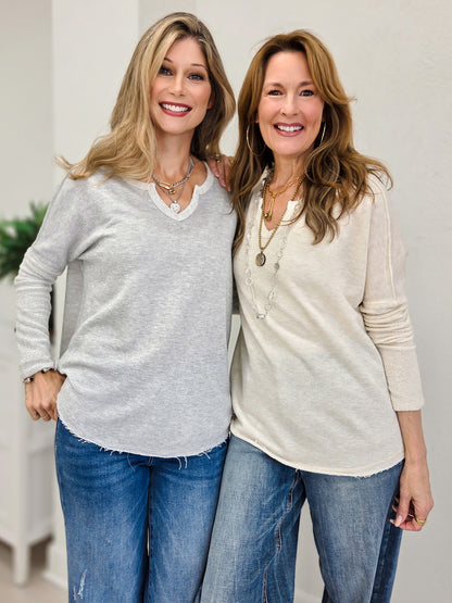 Solid Terry V-Neck Long Sleeve Top