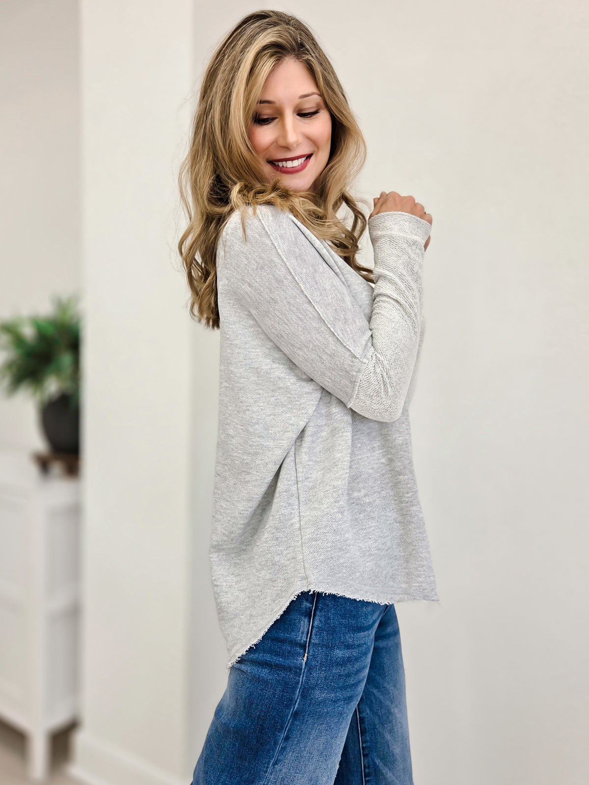 Solid Terry V-Neck Long Sleeve Top