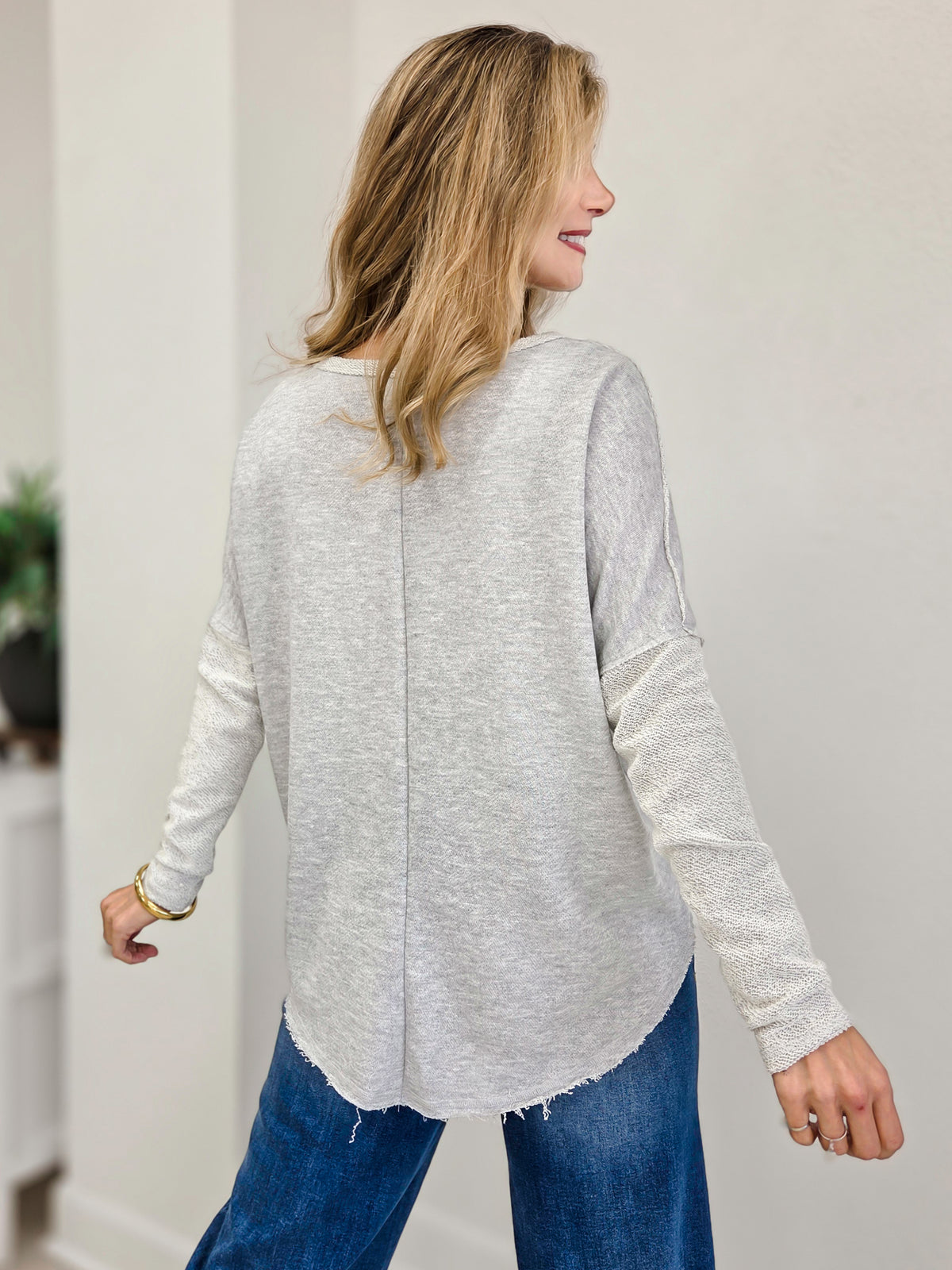 Solid Terry V-Neck Long Sleeve Top