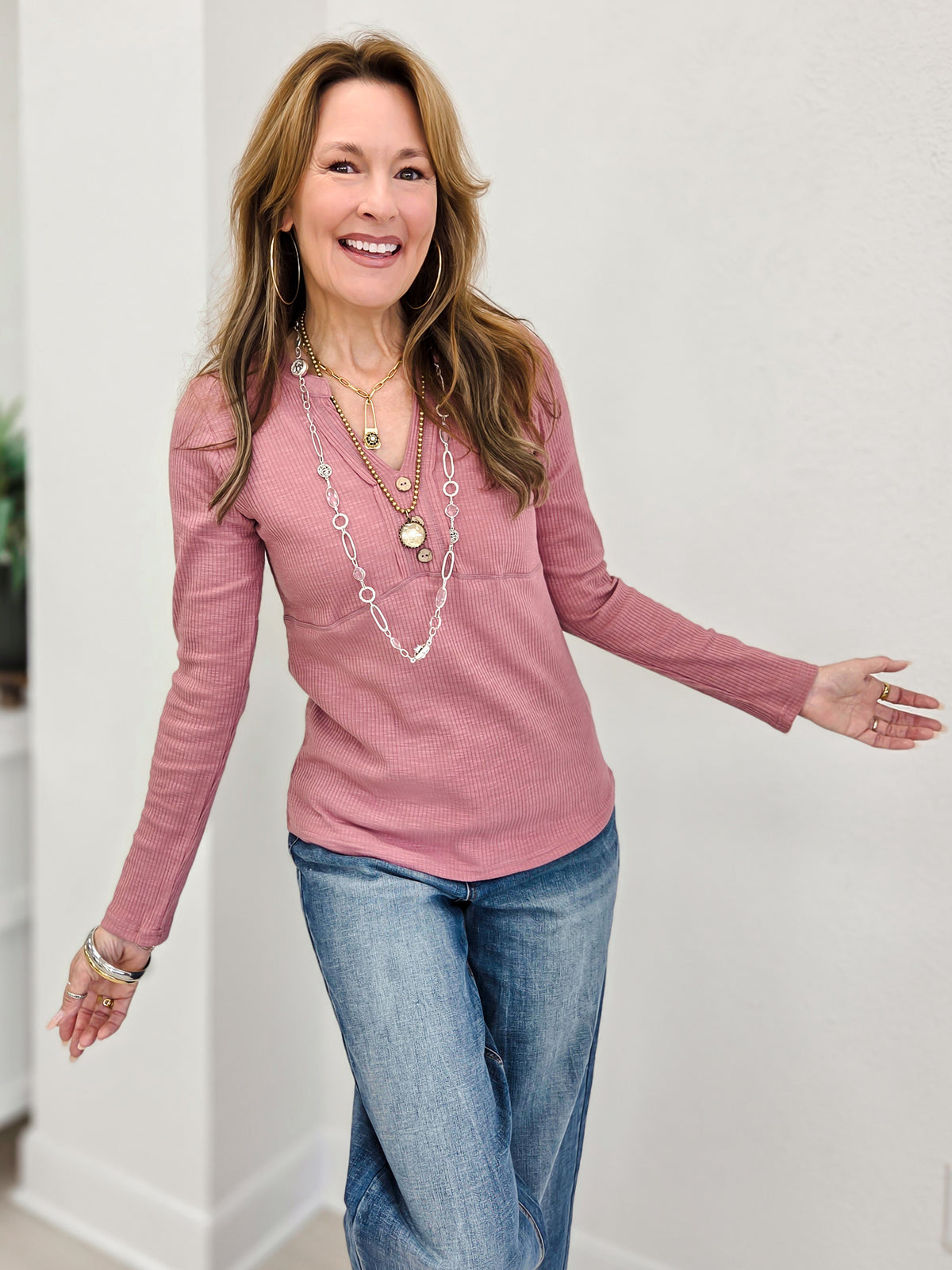 Ribbed V-Neck Long Sleeve Top