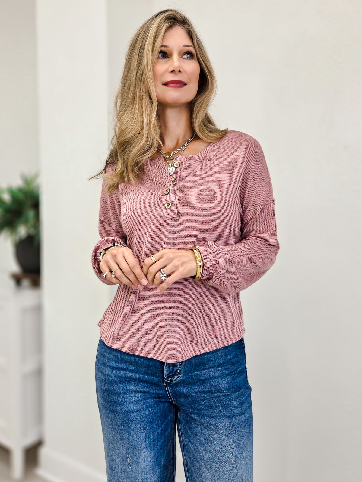 Two Tone Knit Button Top