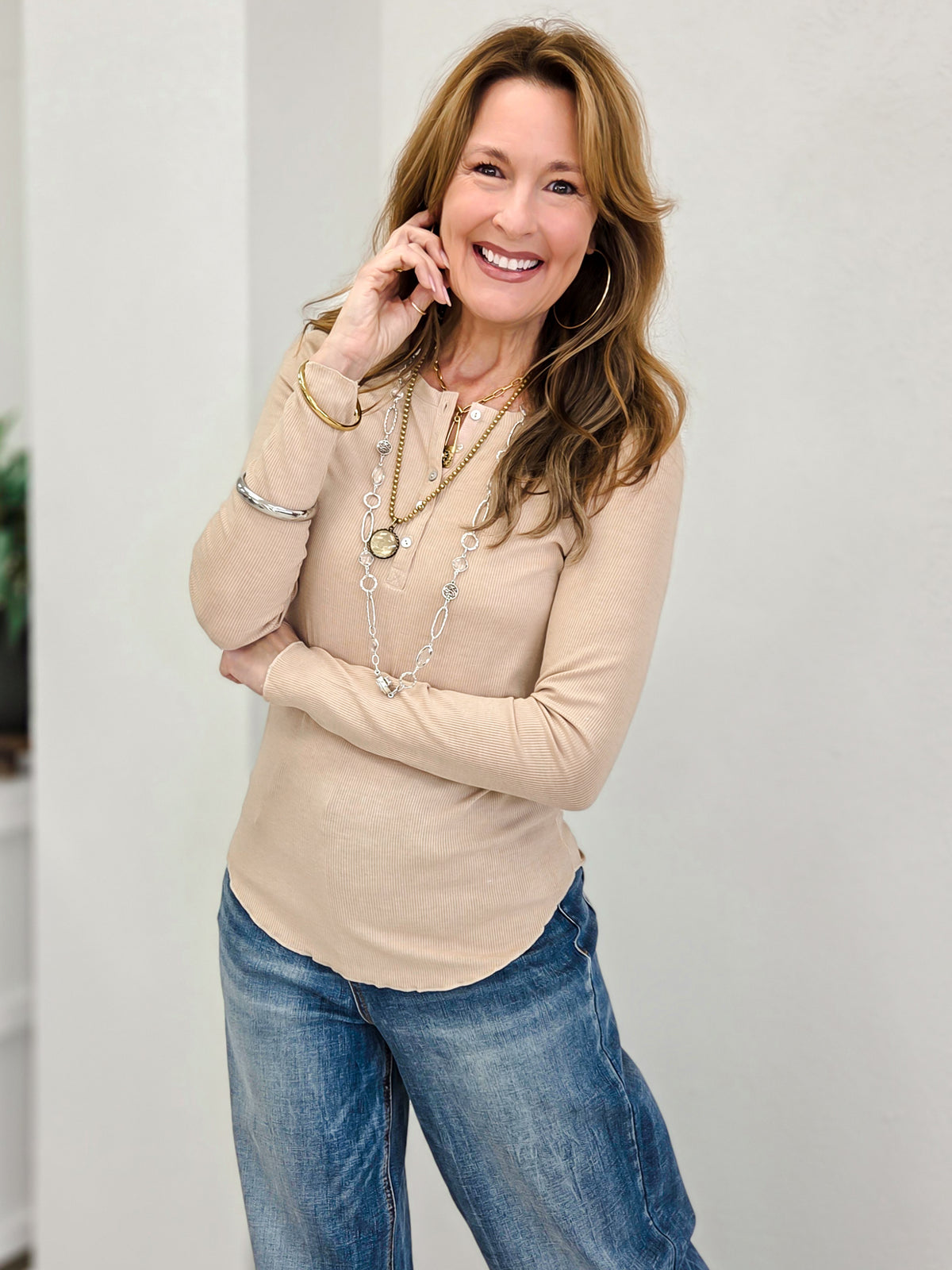 Soft Ribbed Long Sleeve Henley Top