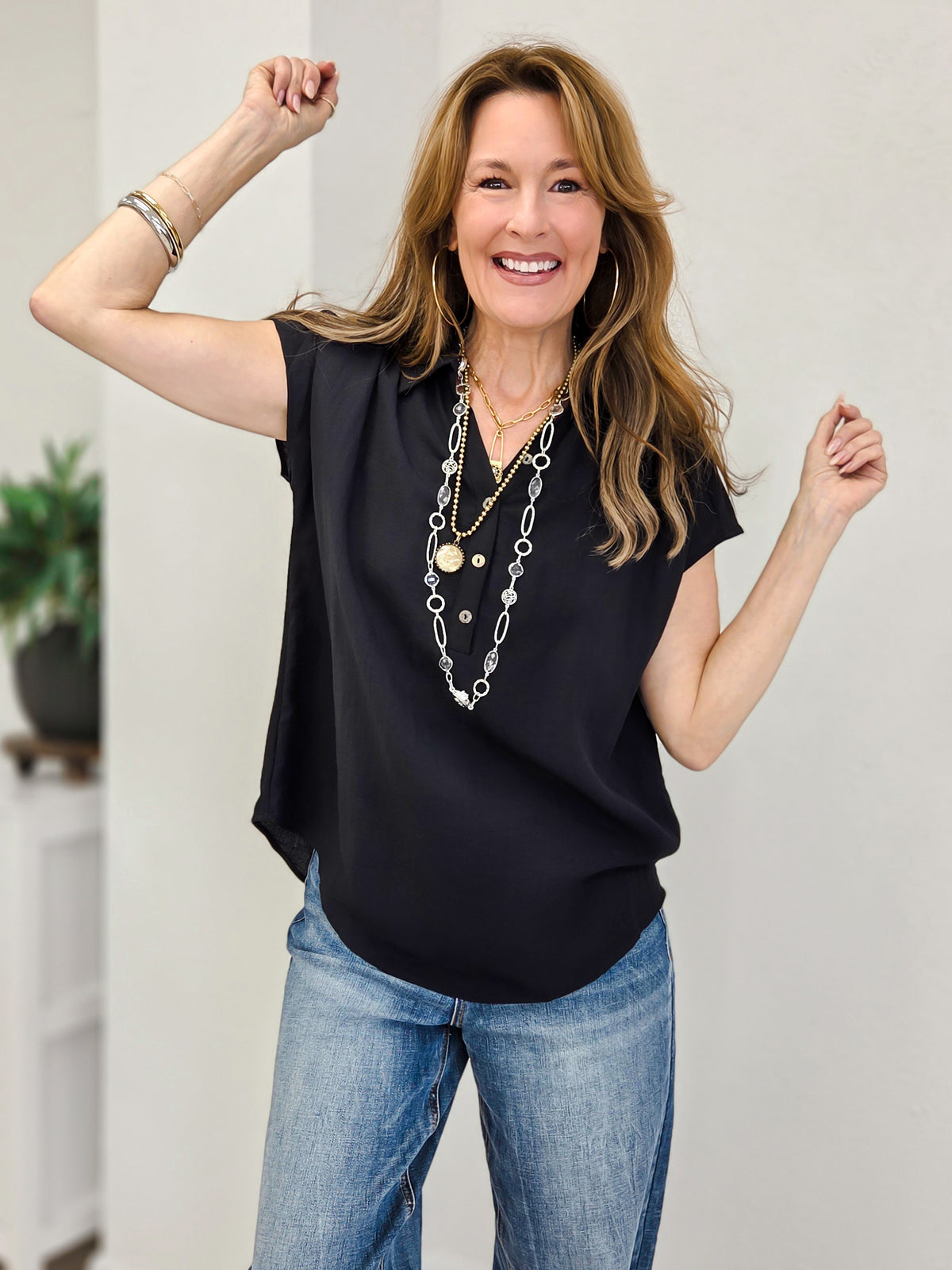 Woven Short Sleeve Placket Top