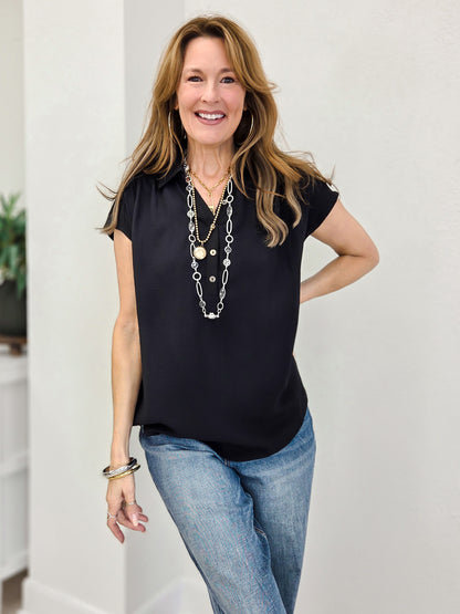 Woven Short Sleeve Placket Top
