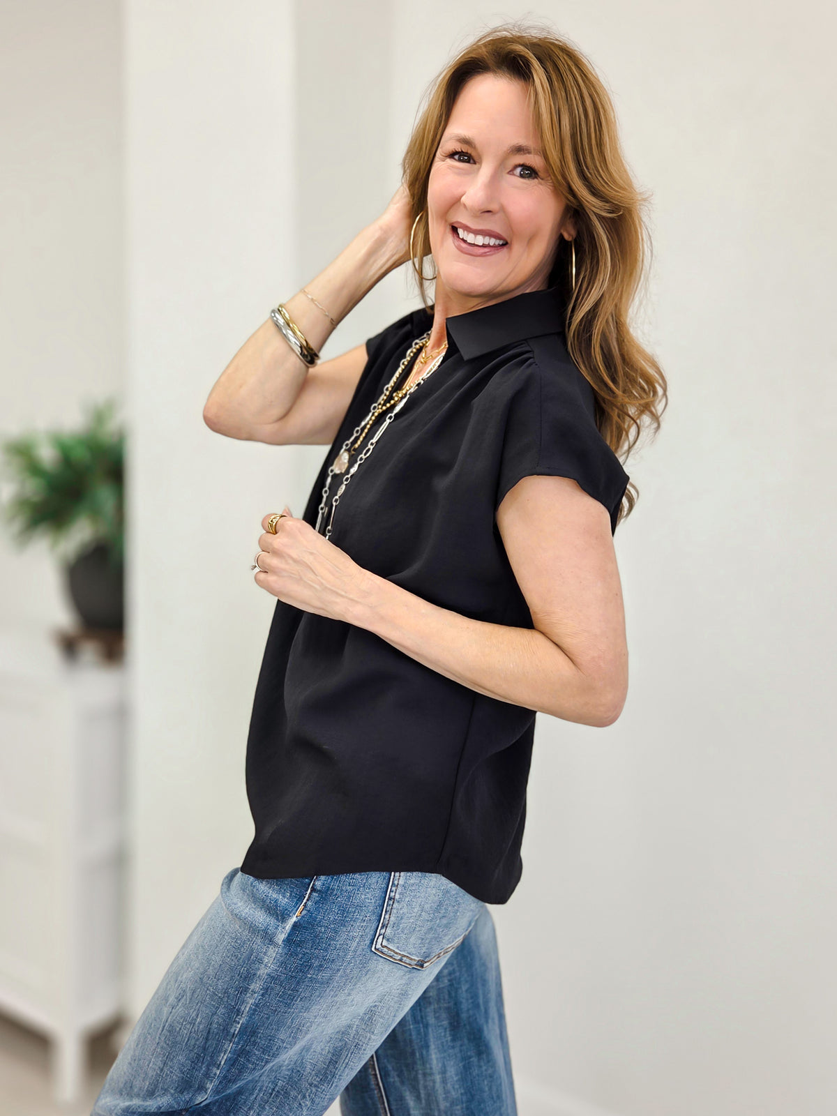 Woven Short Sleeve Placket Top
