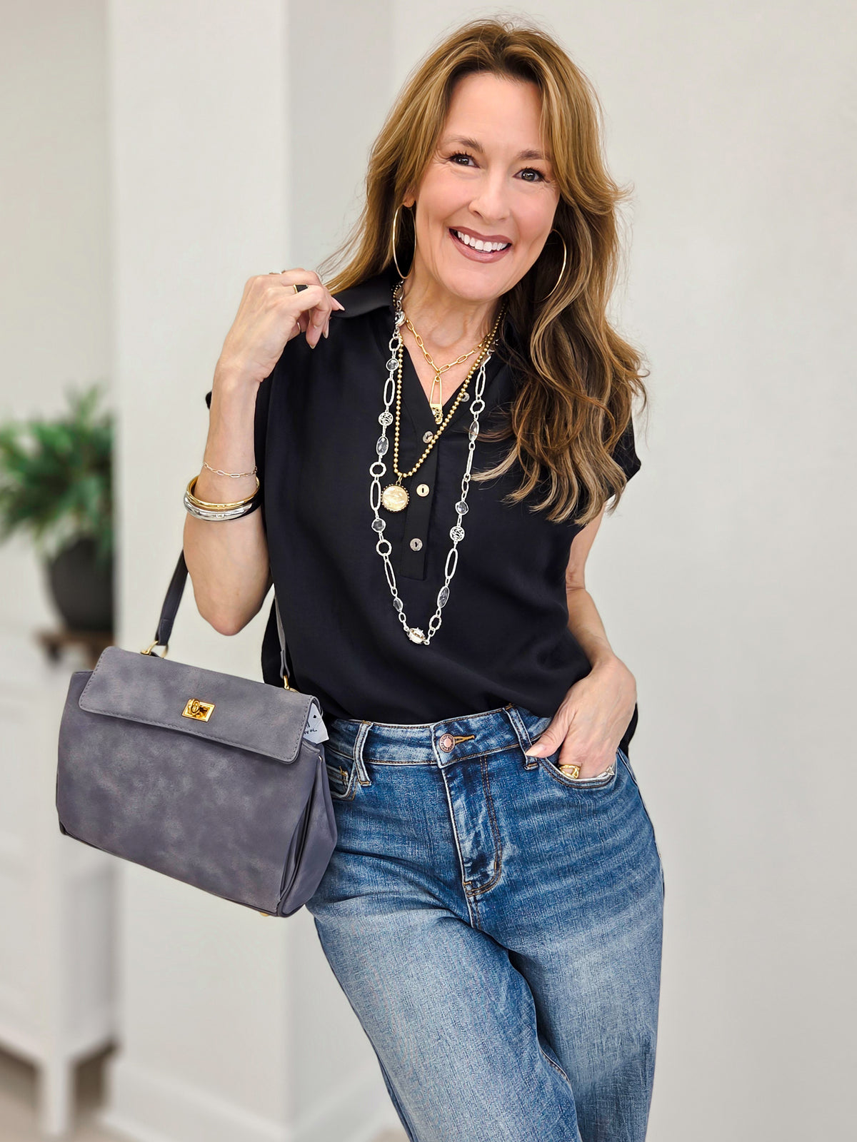Woven Short Sleeve Placket Top