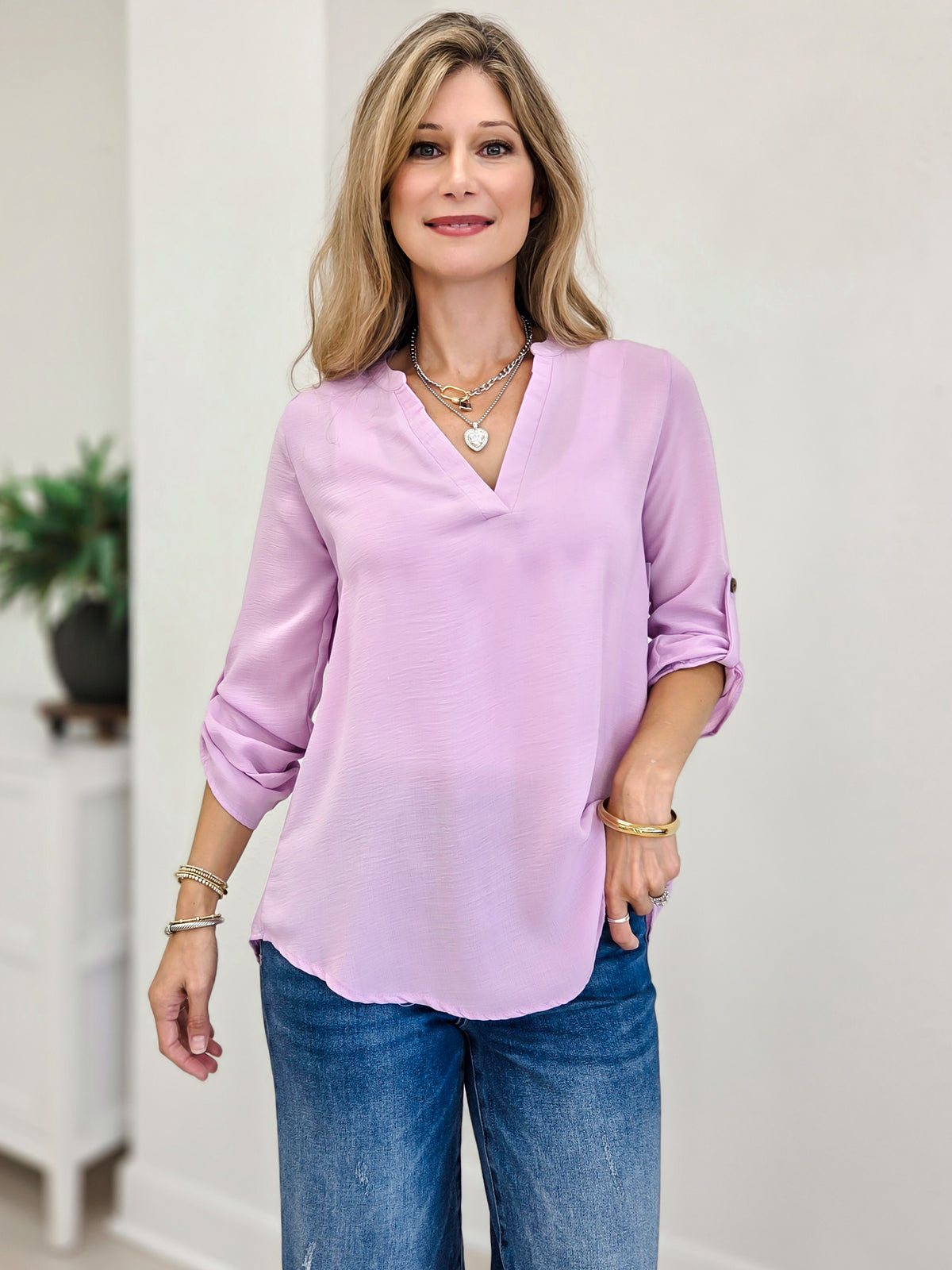 Woven V Neck Blouse With Buttoned Sleeve Detail