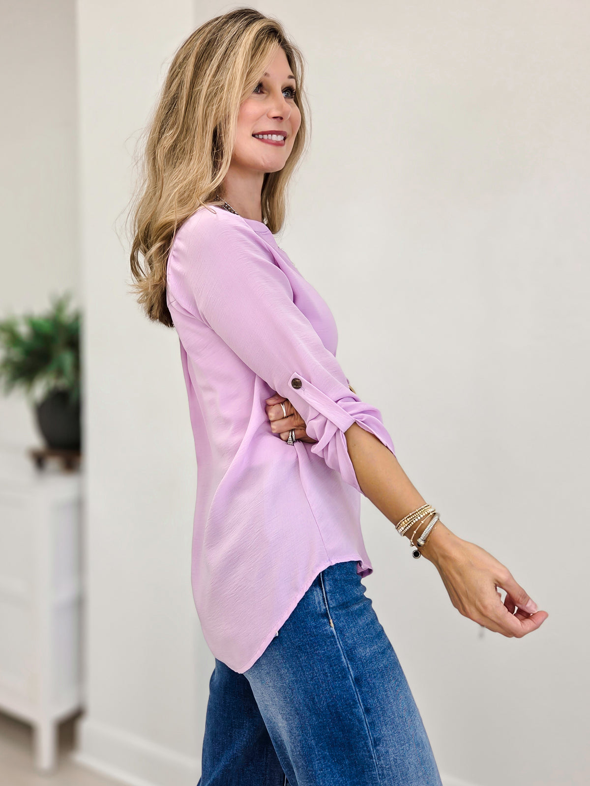 Woven V Neck Blouse With Buttoned Sleeve Detail