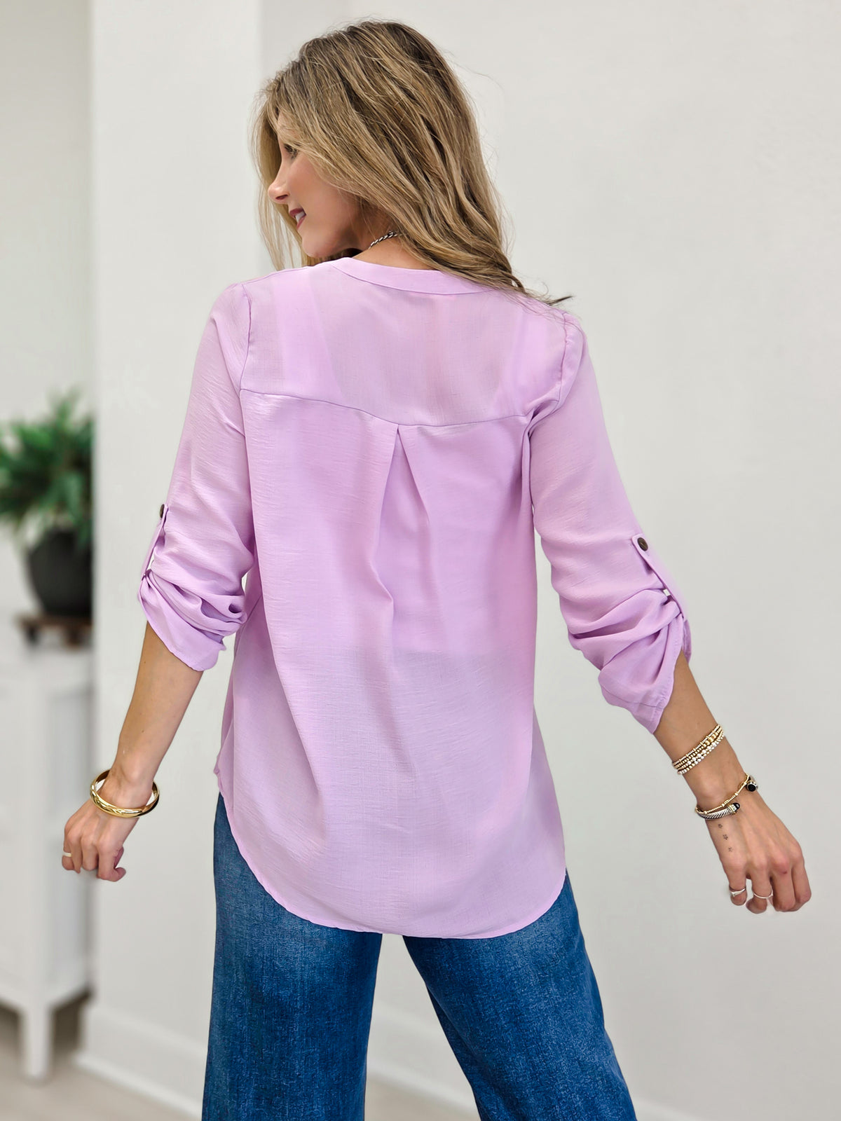 Woven V Neck Blouse With Buttoned Sleeve Detail