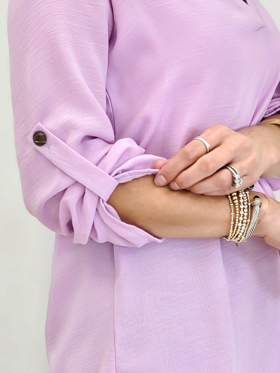 Woven V Neck Blouse With Buttoned Sleeve Detail