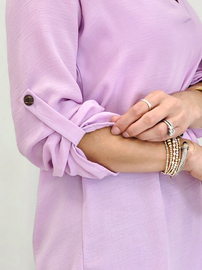 Woven V Neck Blouse With Buttoned Sleeve Detail