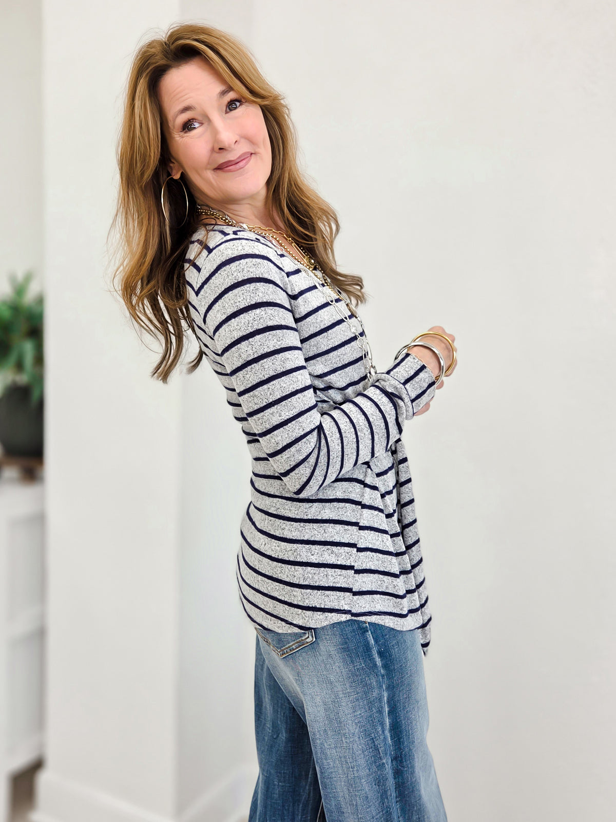 Long Sleeve Stiped Sweater Top With Front Tie Detail