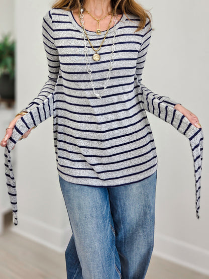 Long Sleeve Stiped Sweater Top With Front Tie Detail