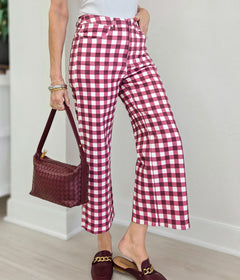 Gingham Check Wide Leg Cropped Denim Pants