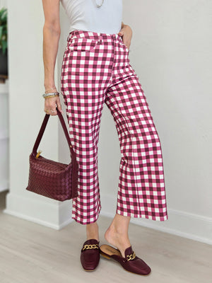Gingham Check Wide Leg Cropped Denim Pants