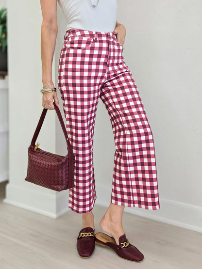 Gingham Check Wide Leg Cropped Denim Pants
