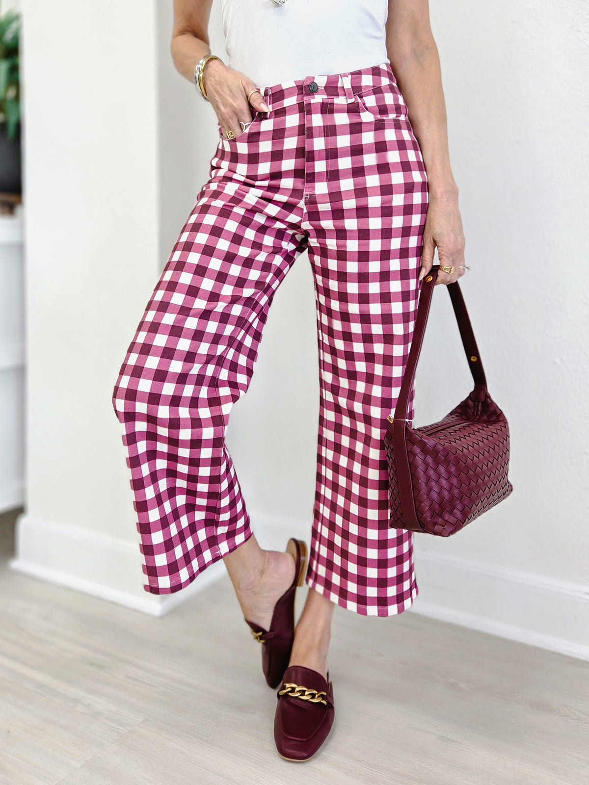 Gingham Check Wide Leg Cropped Denim Pants