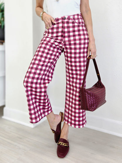 Gingham Check Wide Leg Cropped Denim Pants