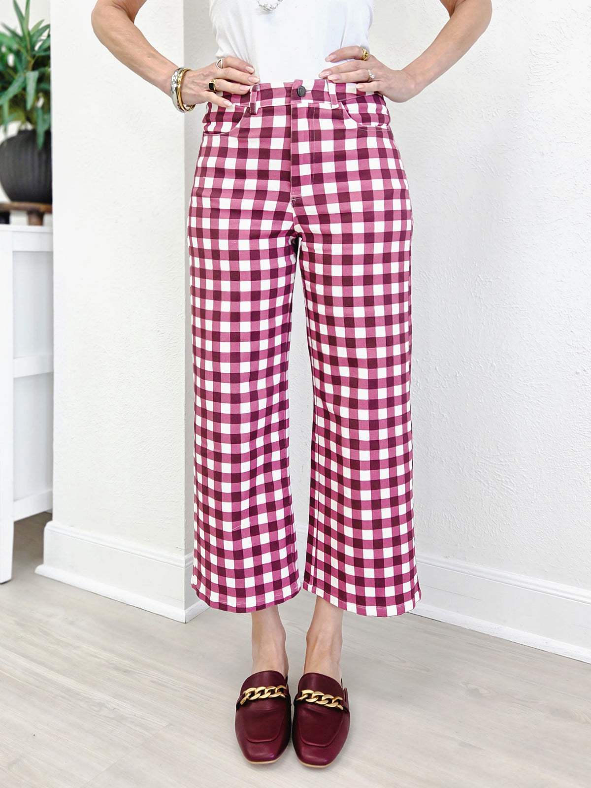 Gingham Check Wide Leg Cropped Denim Pants
