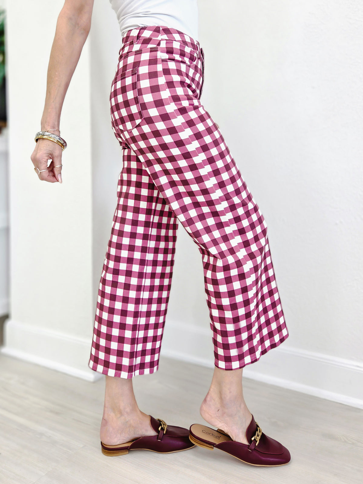 Gingham Check Wide Leg Cropped Denim Pants
