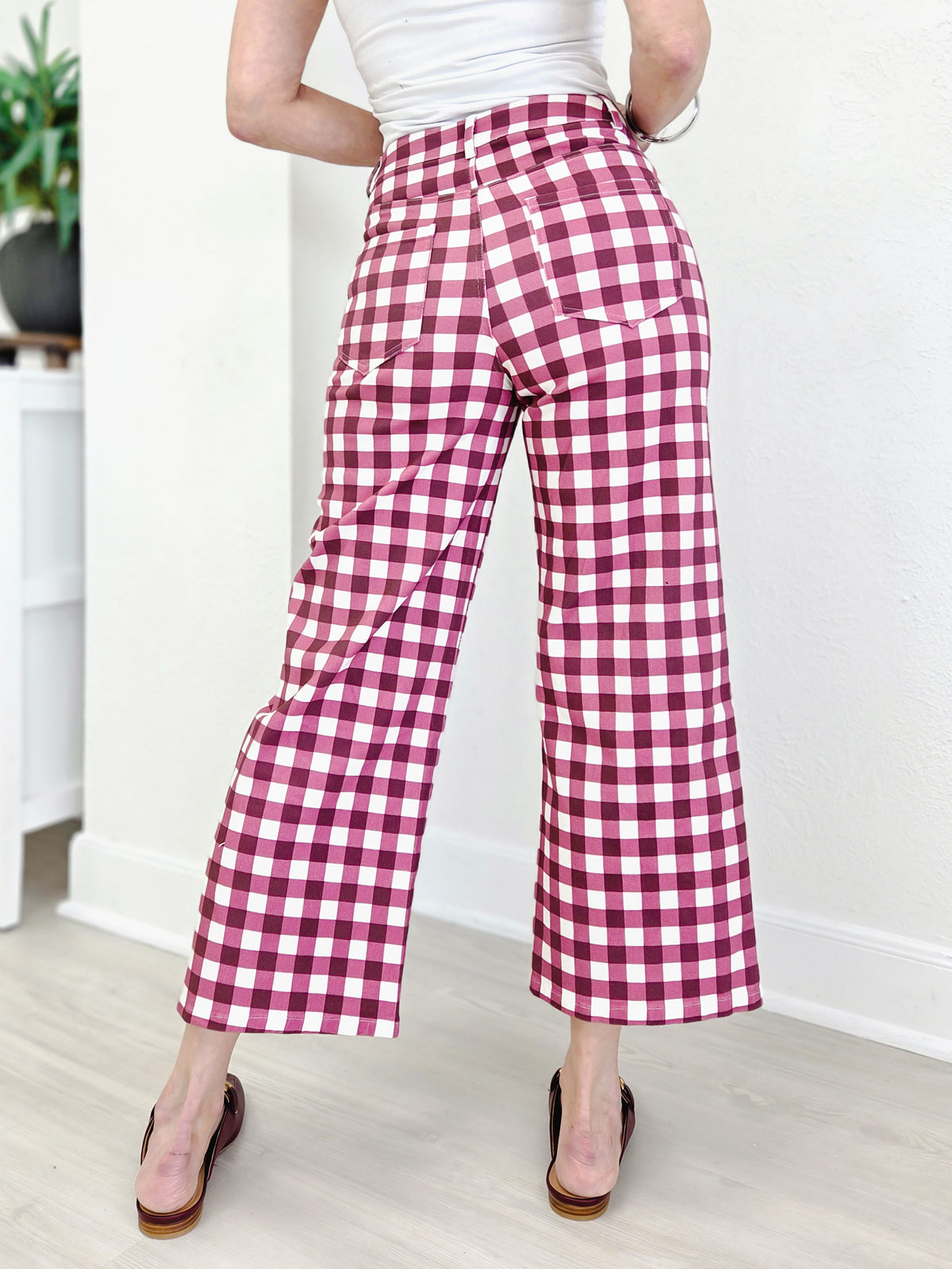 Gingham Check Wide Leg Cropped Denim Pants