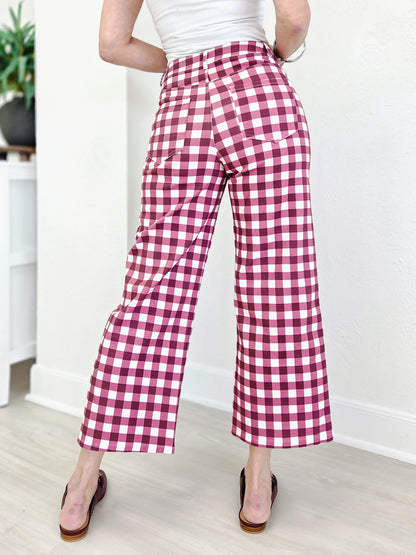 Gingham Check Wide Leg Cropped Denim Pants