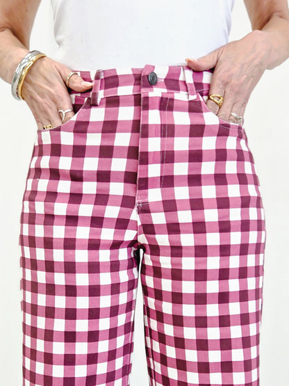 Gingham Check Wide Leg Cropped Denim Pants