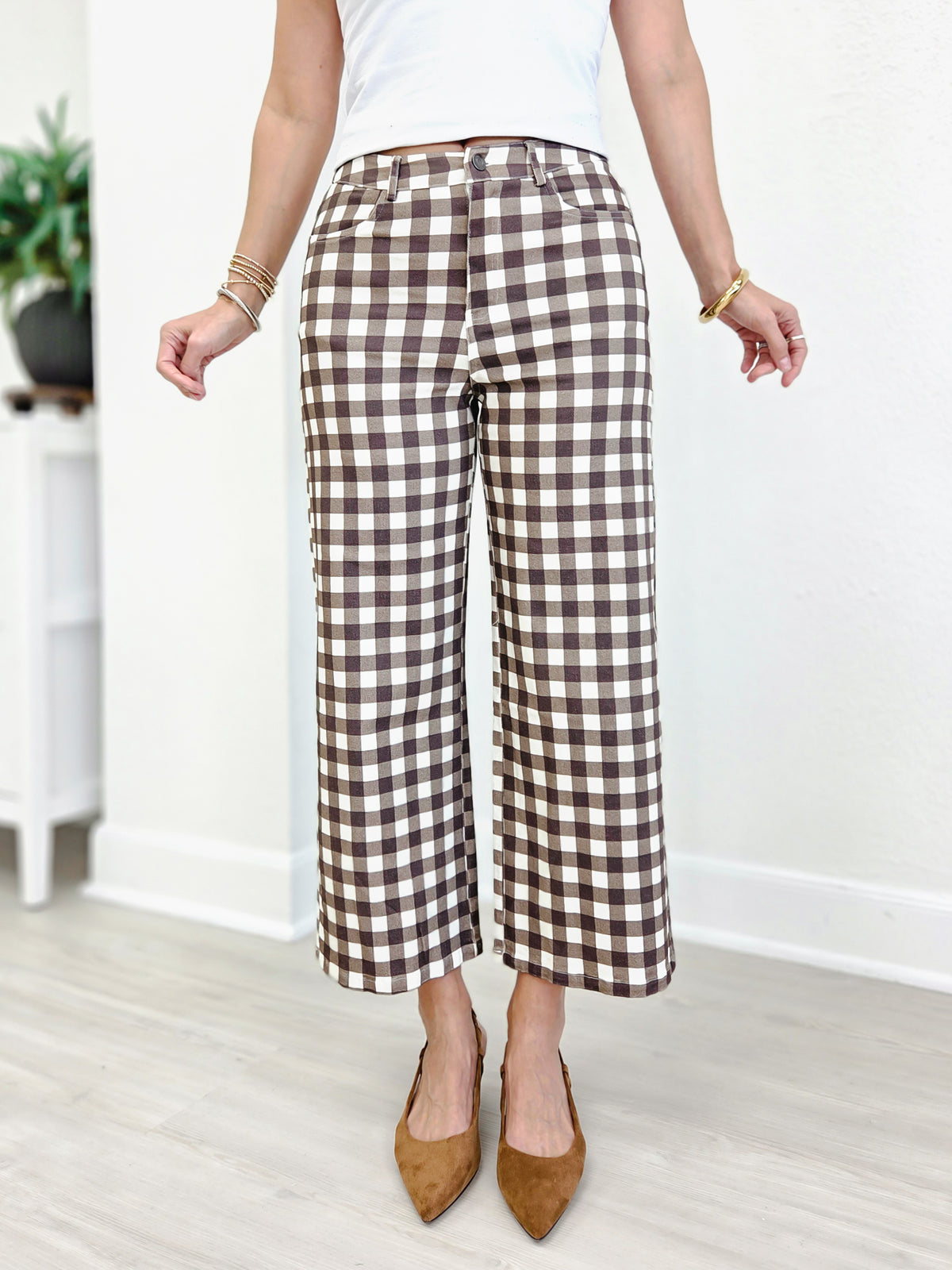 Gingham Check Wide Leg Cropped Denim Pants