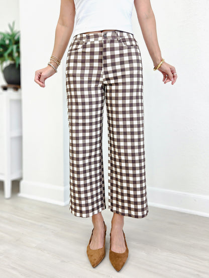 Gingham Check Wide Leg Cropped Denim Pants