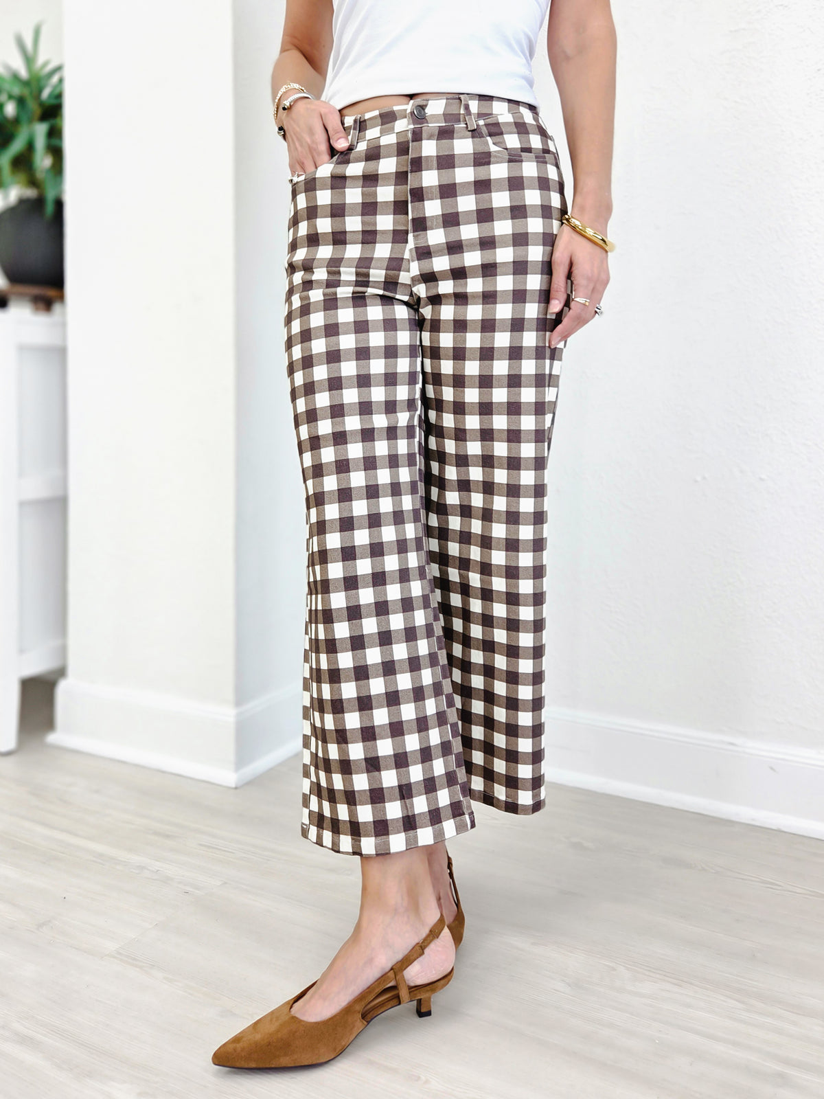 Gingham Check Wide Leg Cropped Denim Pants