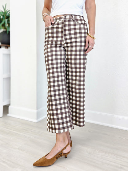 Gingham Check Wide Leg Cropped Denim Pants