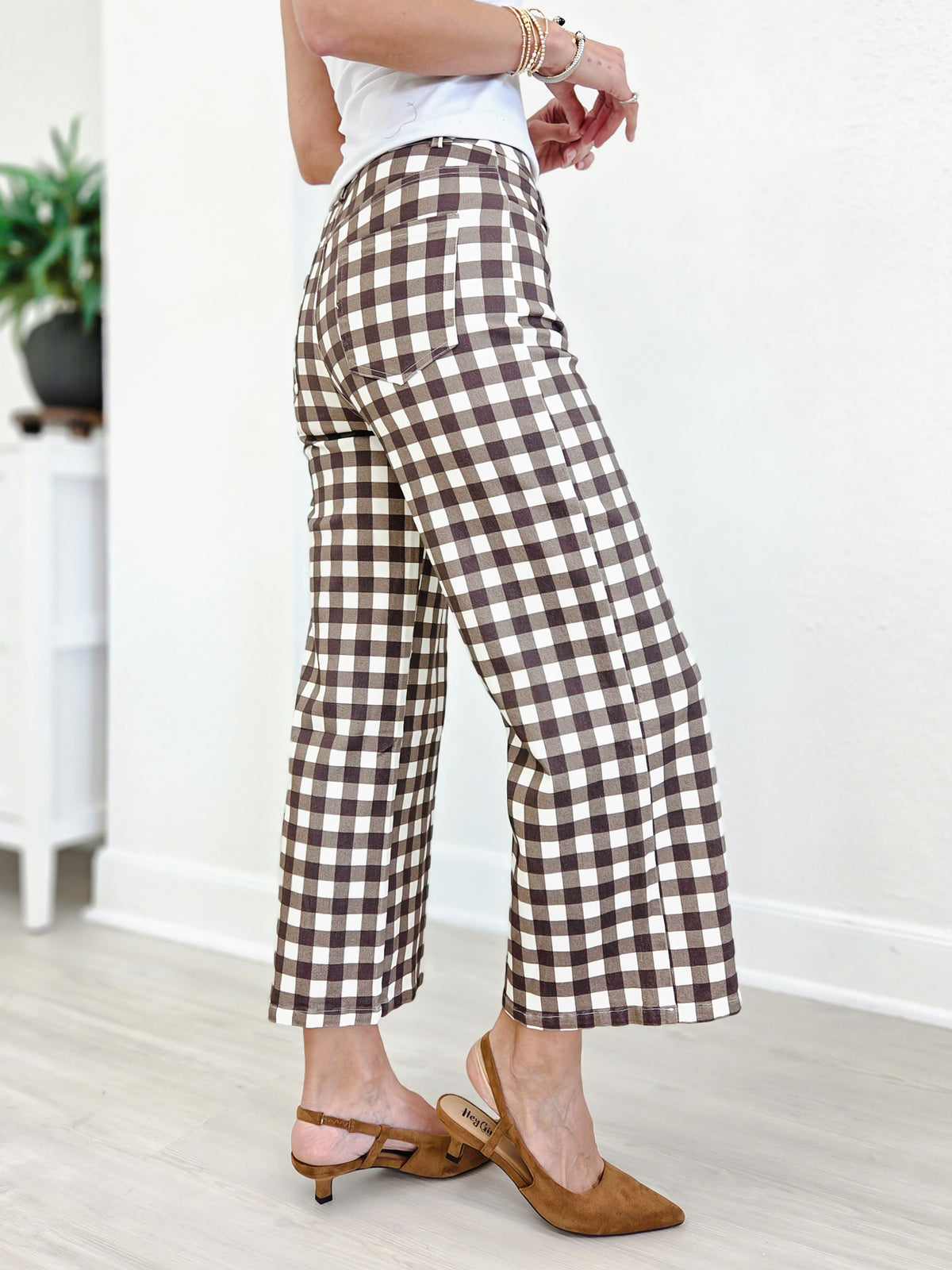 Gingham Check Wide Leg Cropped Denim Pants