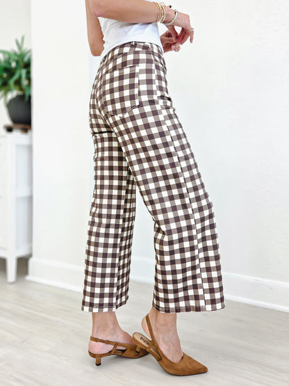Gingham Check Wide Leg Cropped Denim Pants