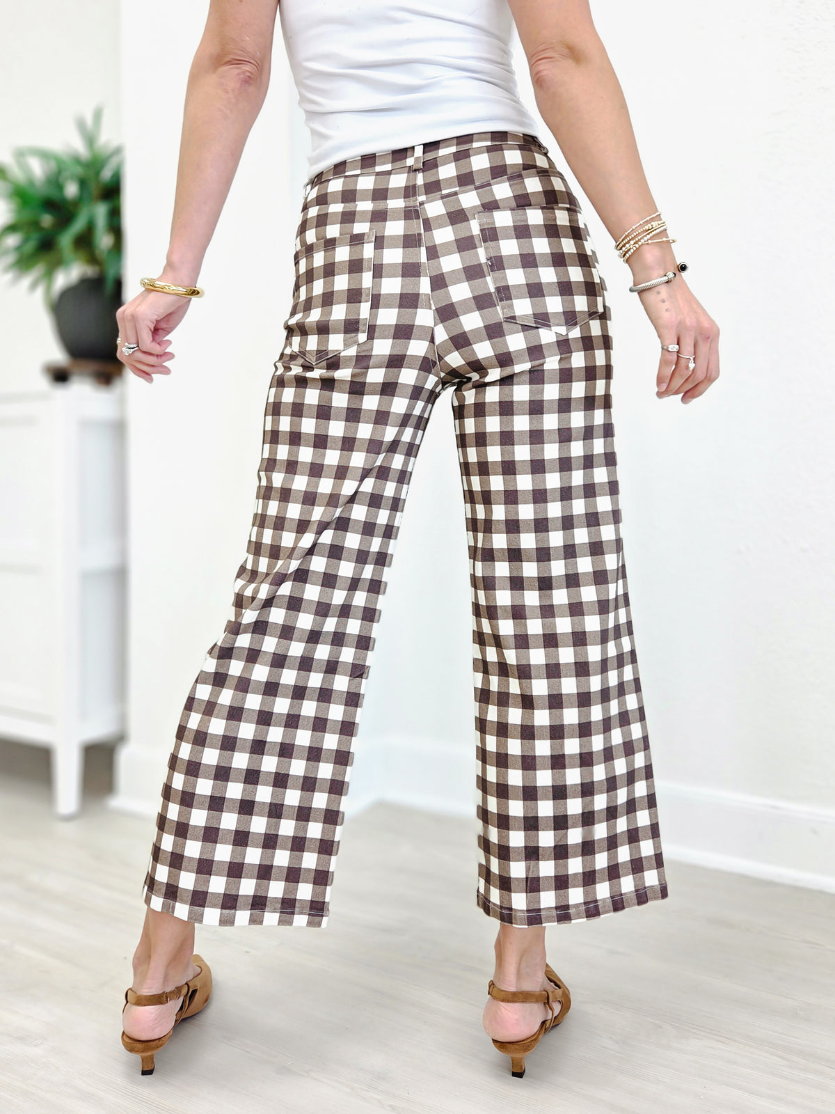 Gingham Check Wide Leg Cropped Denim Pants