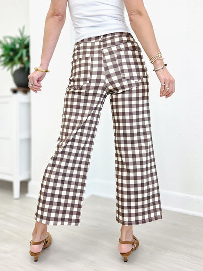 Gingham Check Wide Leg Cropped Denim Pants