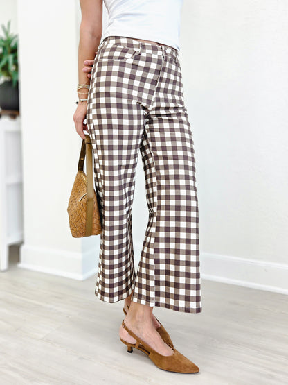 Gingham Check Wide Leg Cropped Denim Pants
