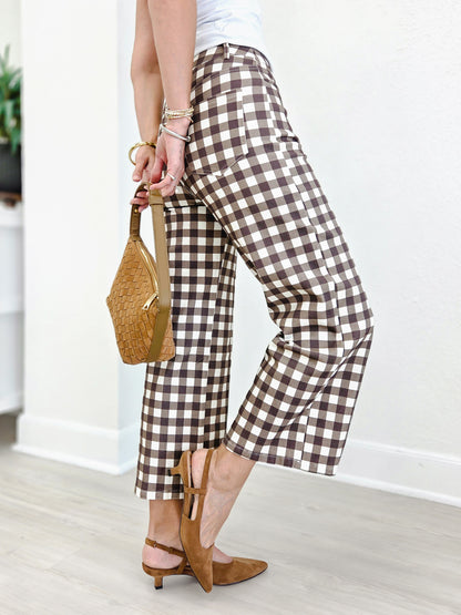 Gingham Check Wide Leg Cropped Denim Pants