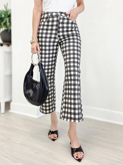 Gingham Check Wide Leg Cropped Denim Pants