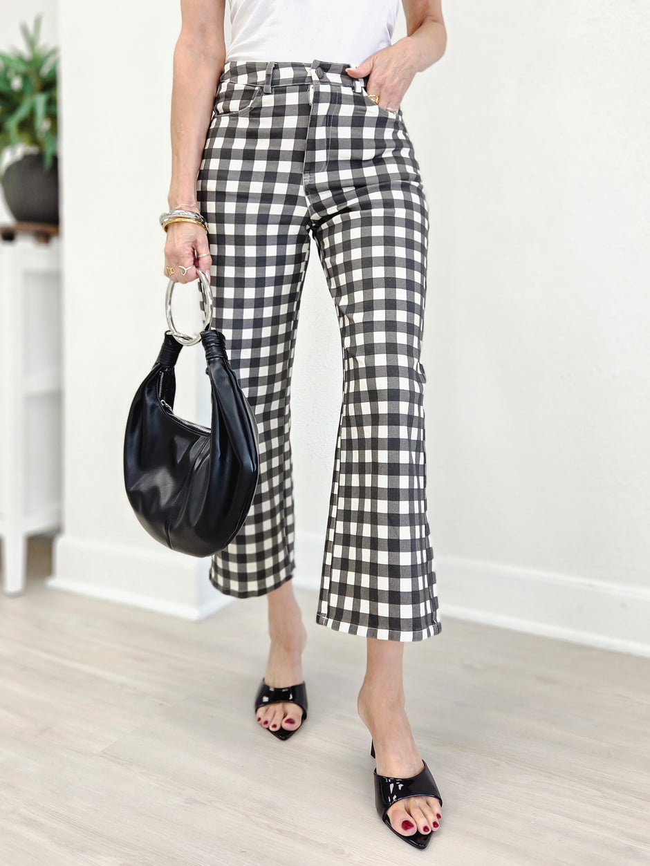 Gingham Check Wide Leg Cropped Denim Pants
