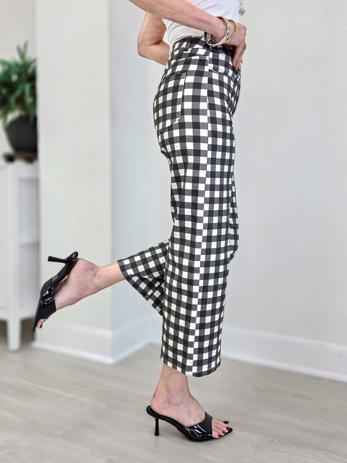 Gingham Check Wide Leg Cropped Denim Pants
