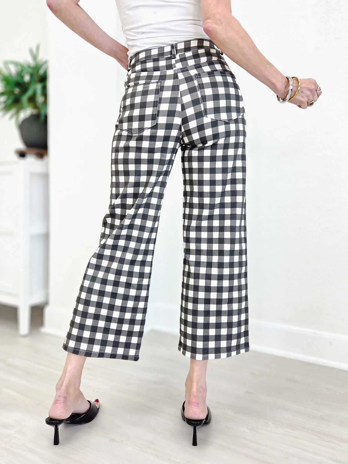 Gingham Check Wide Leg Cropped Denim Pants