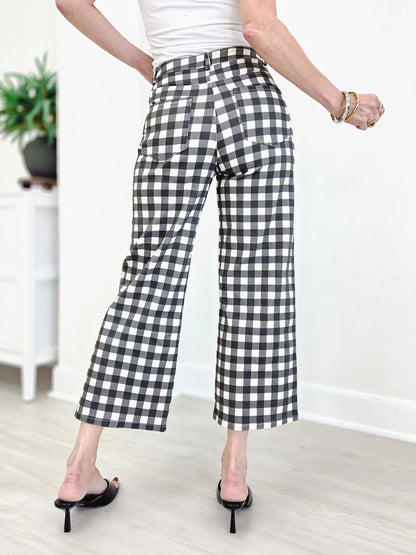 Gingham Check Wide Leg Cropped Denim Pants