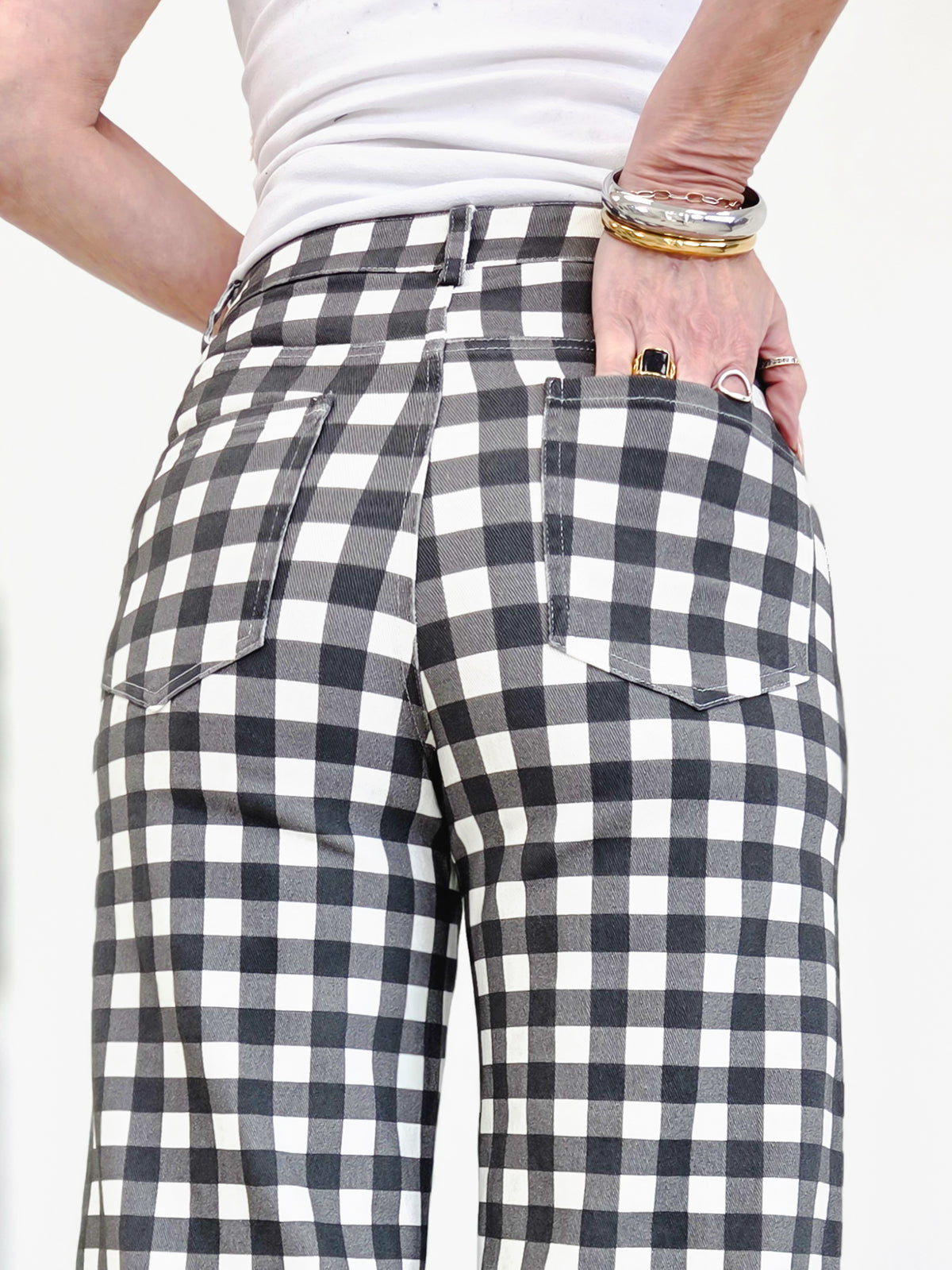 Gingham Check Wide Leg Cropped Denim Pants