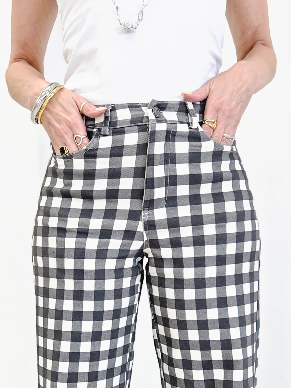 Gingham Check Wide Leg Cropped Denim Pants