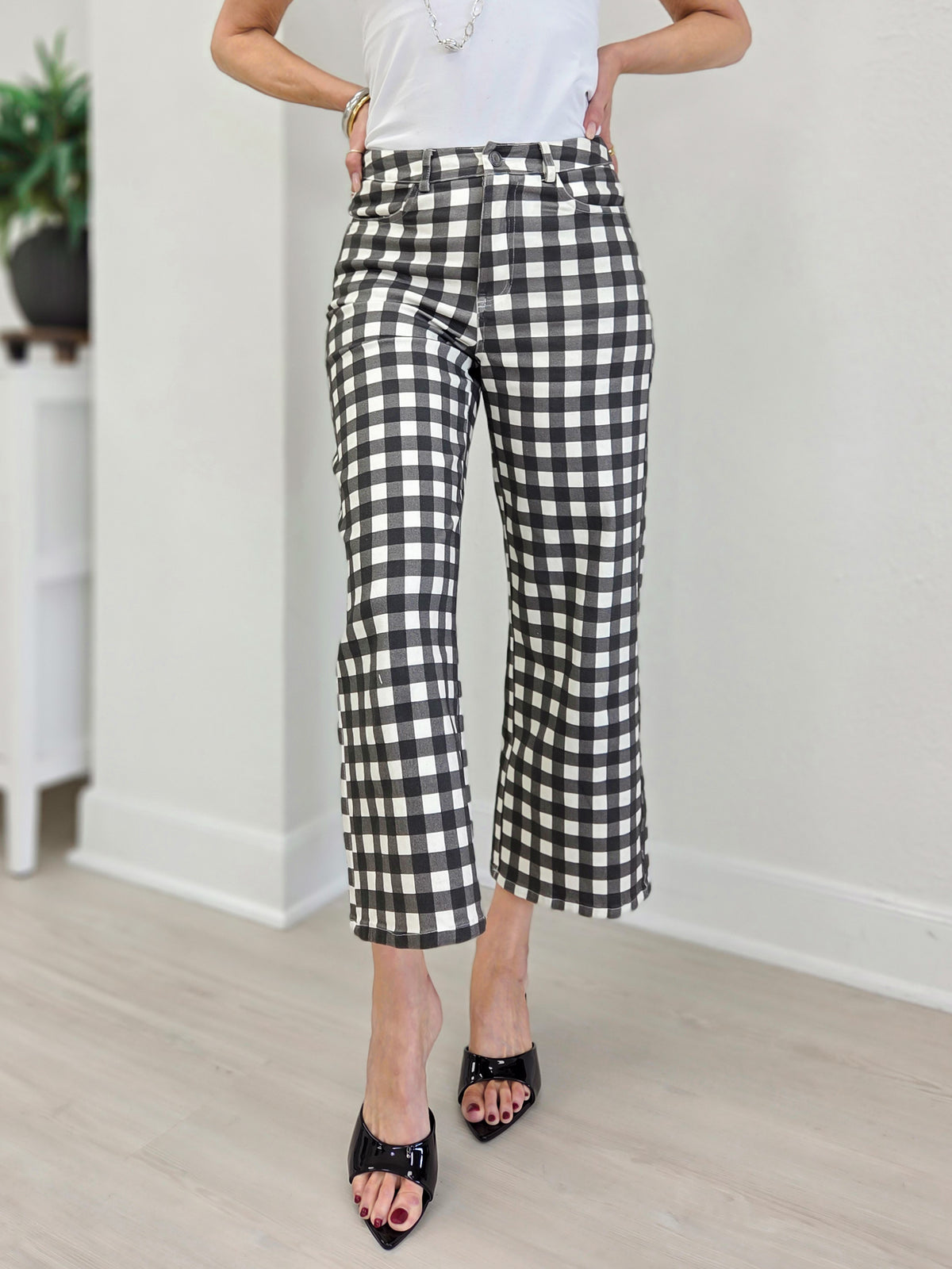 Gingham Check Wide Leg Cropped Denim Pants
