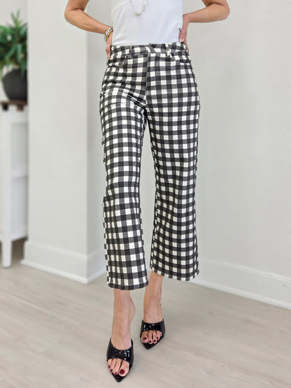 Gingham Check Wide Leg Cropped Denim Pants