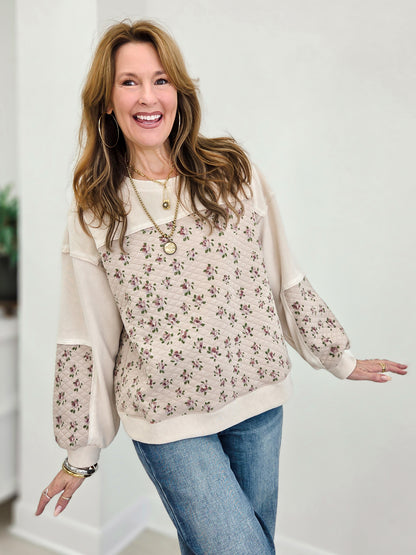 Dainty Floral Quilted Contrast Panel Pullover