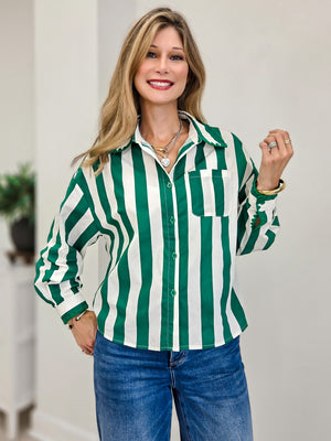 Stripe Embroidered Scallop Trim Cotton Shirt